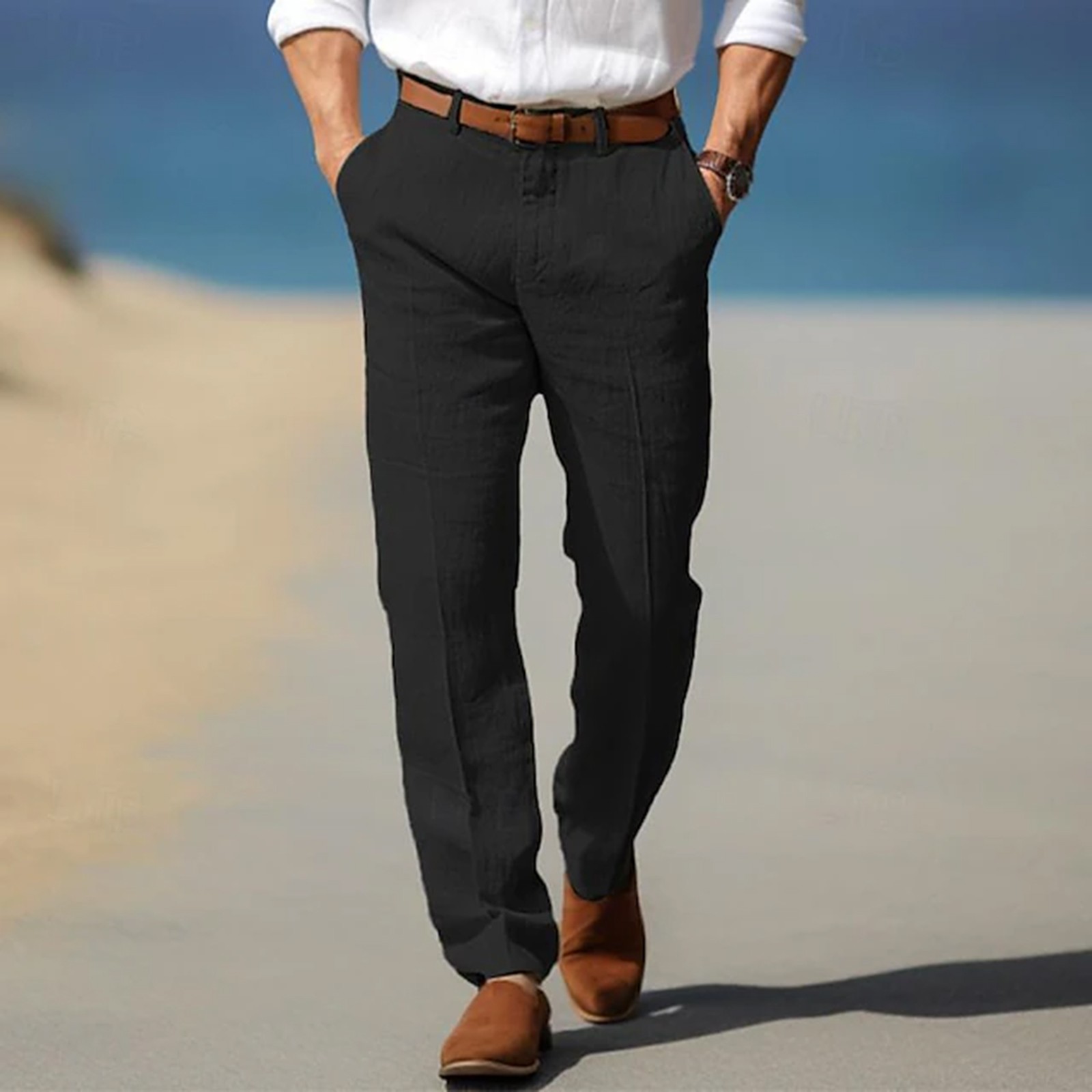 thumbnail image 2 of Pantalones de playa de verano para hombre: pierna recta, tejido transpirable, bolsillos delanteros. Pantalones formales/casuales para todas las ocasiones., 2 of 6
